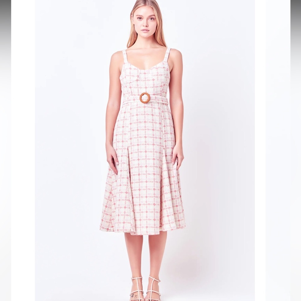 English Factory Tweed Bustier Flared Midi Knee Length Dress With Belt Size S